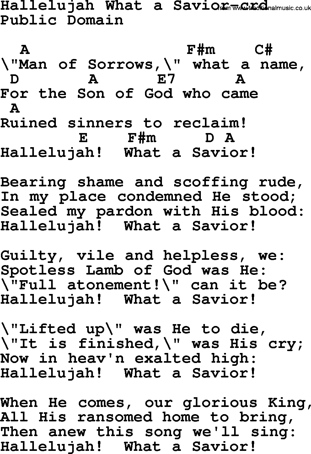 Forgiveness hymns, Hymn: Hallelujah What A Savior, lyrics chords and PDF