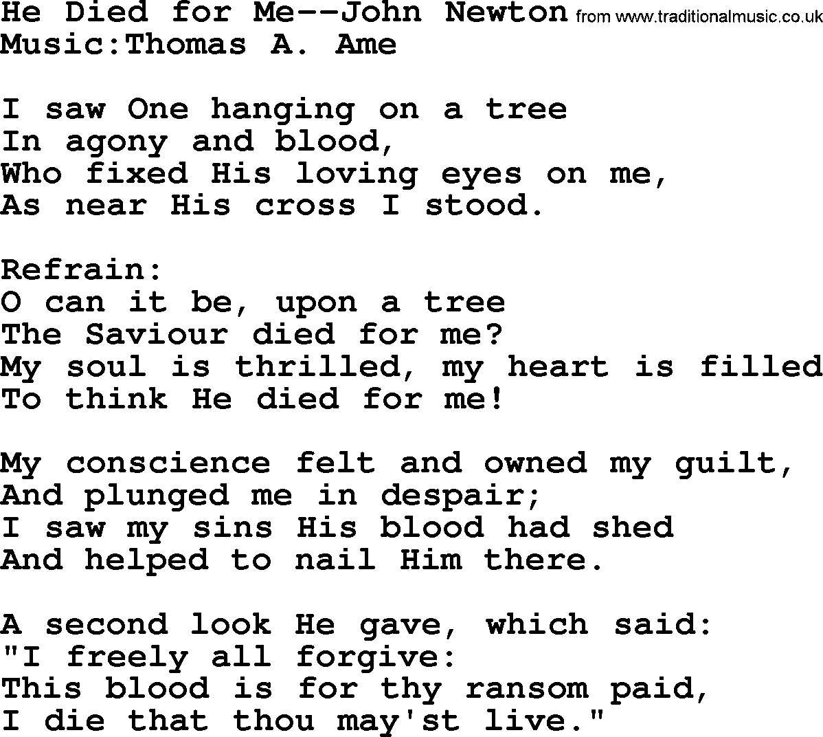 Forgiveness hymns, Hymn: He Died For Me-John Newton, lyrics with PDF