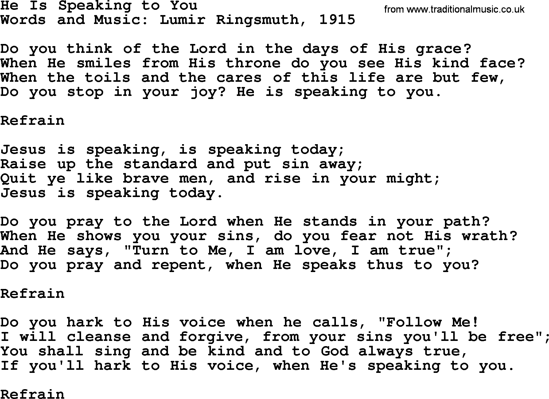 Forgiveness hymns, Hymn: He Is Speaking To You, lyrics with PDF
