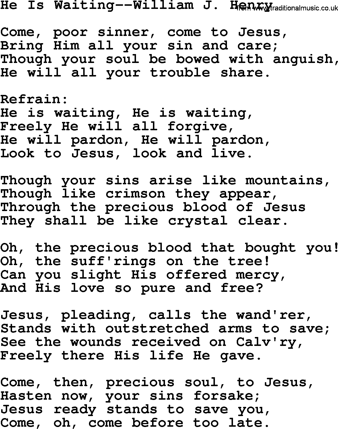 Forgiveness hymns, Hymn: He Is Waiting-William J. Henry, lyrics with PDF