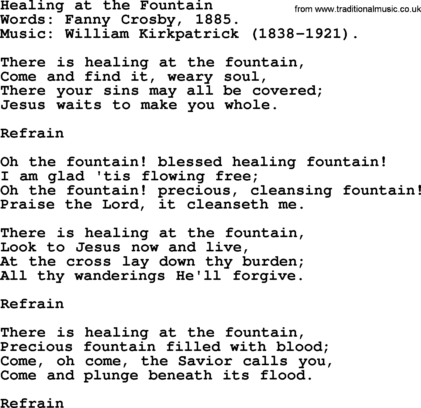 Forgiveness hymns, Hymn: Healing At The Fountain, lyrics with PDF