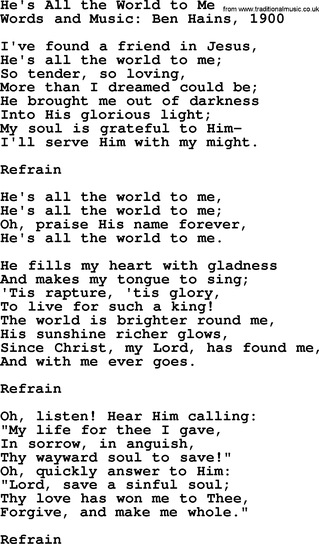 Forgiveness hymns, Hymn: He's All The World To Me, lyrics with PDF
