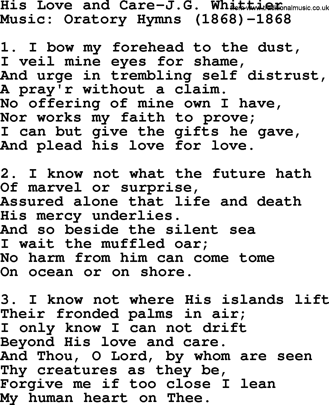 Forgiveness hymns, Hymn: His Love And Care-J.G. Whittier, lyrics with PDF