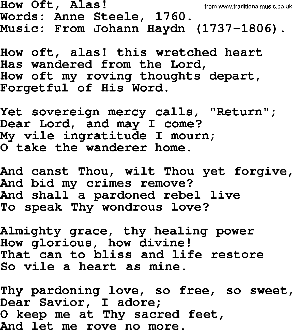 Forgiveness hymns, Hymn: How Oft, Alas!, lyrics with PDF
