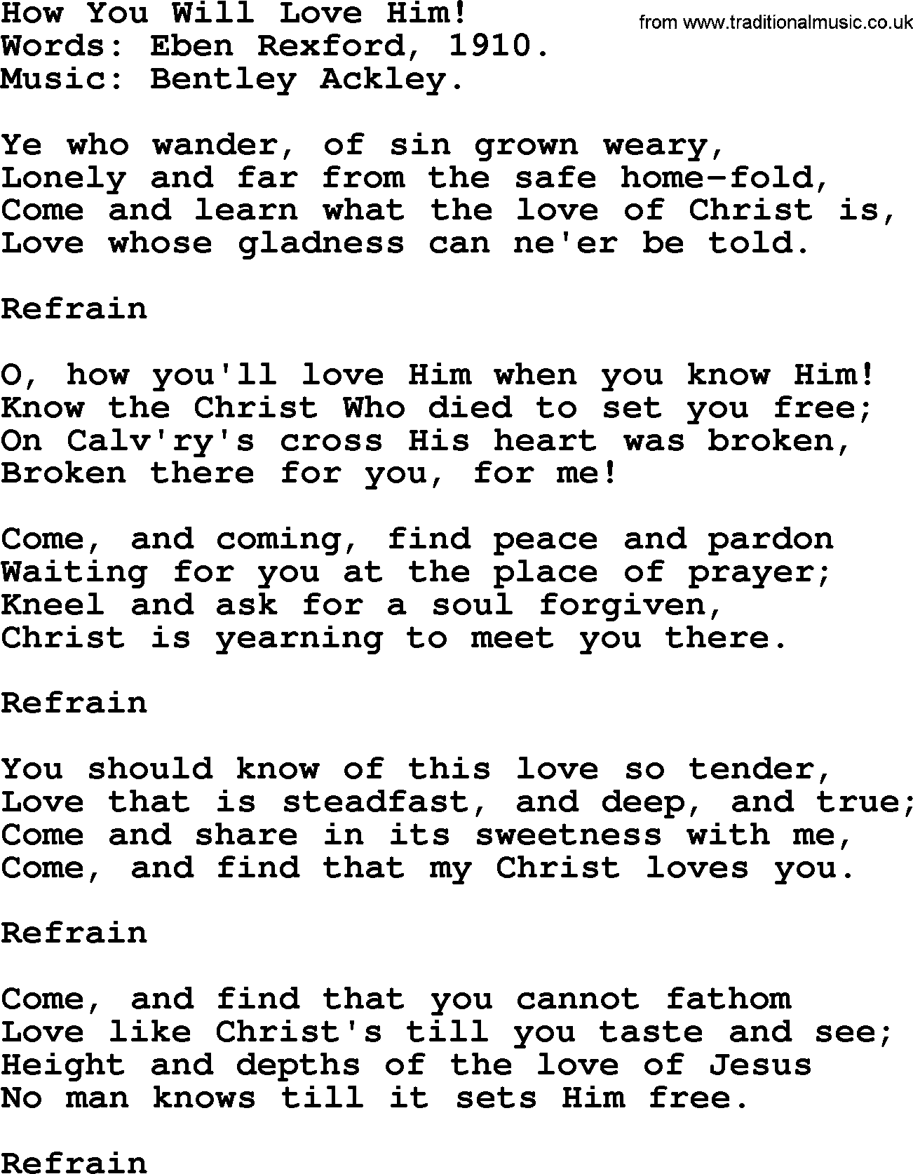 Forgiveness hymns, Hymn: How You Will Love Him!, lyrics with PDF