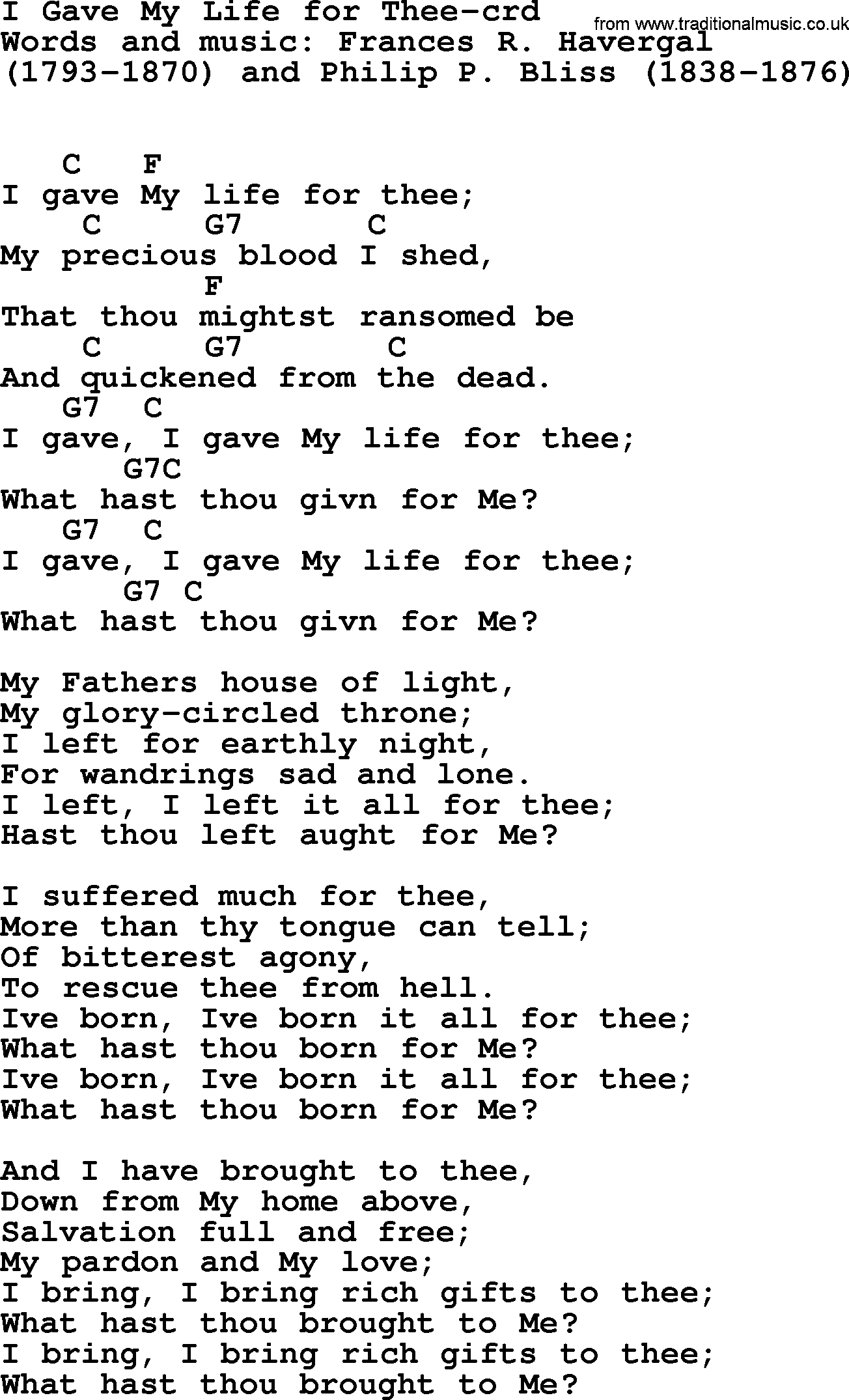 Forgiveness hymns, Hymn: I Gave My Life For Thee, lyrics chords and PDF