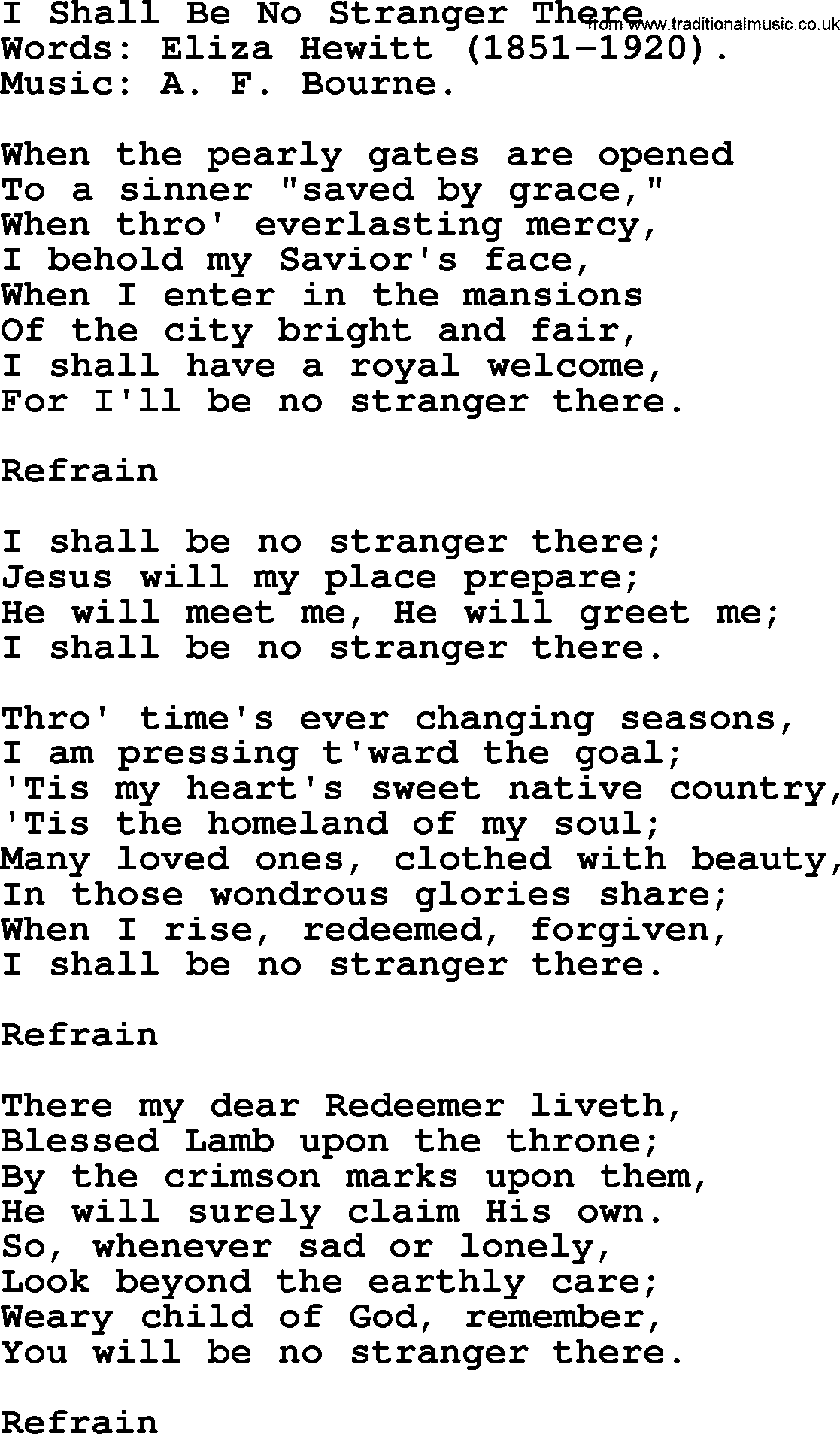 Forgiveness hymns, Hymn: I Shall Be No Stranger There, lyrics with PDF