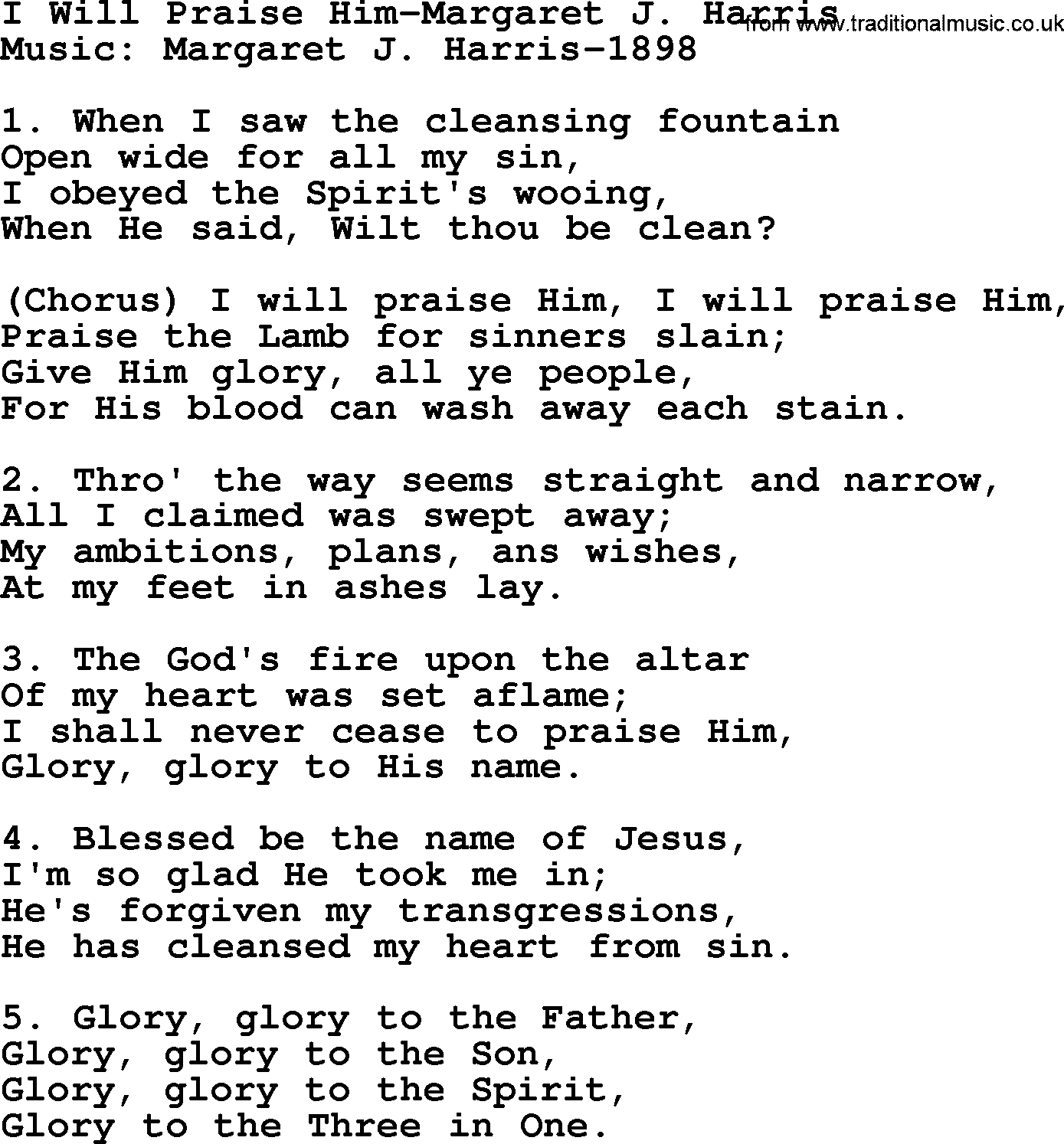 Forgiveness hymns, Hymn: I Will Praise Him-Margaret J. Harris, lyrics with PDF