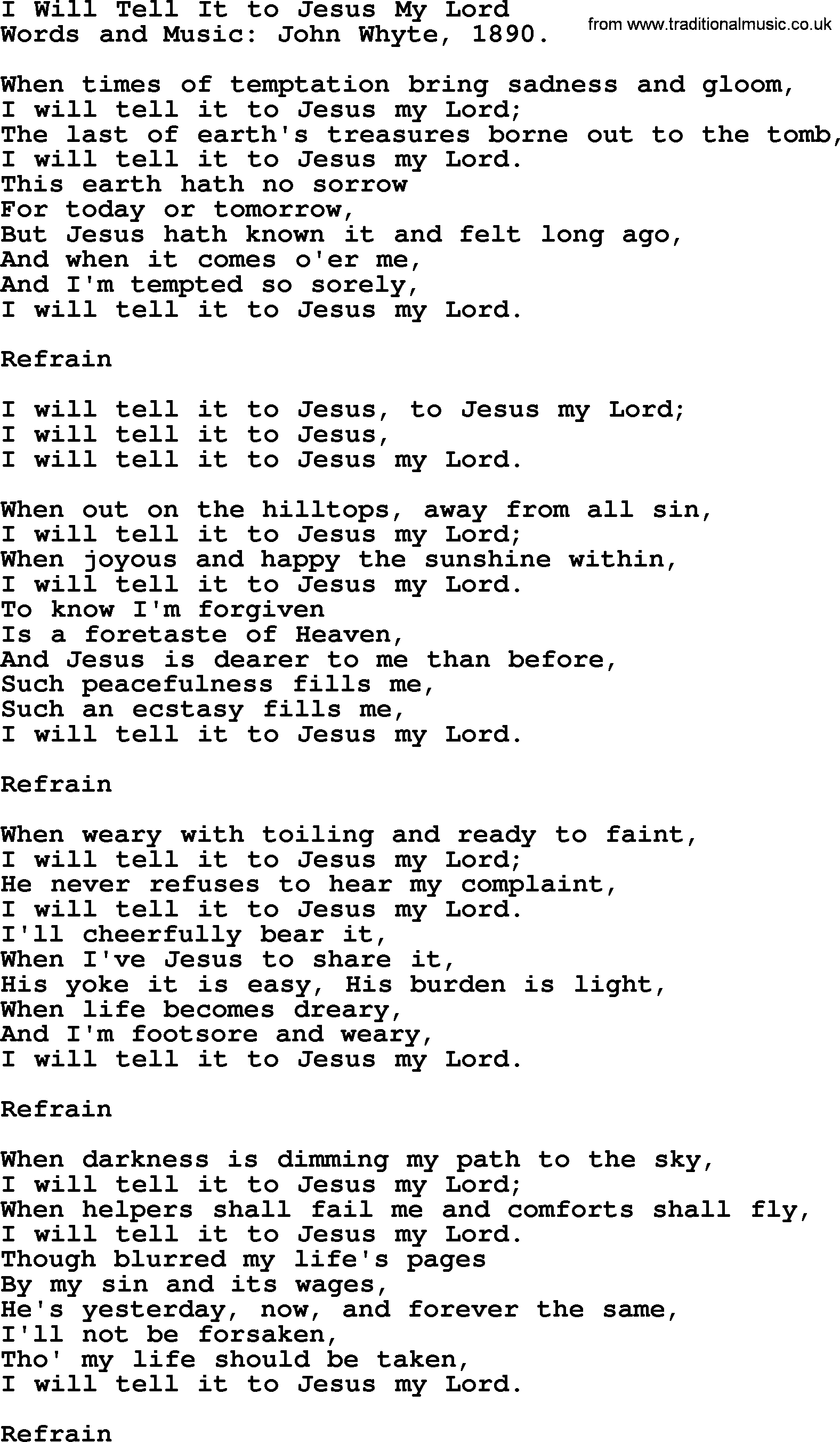 Forgiveness hymns, Hymn: I Will Tell It To Jesus My Lord, lyrics with PDF