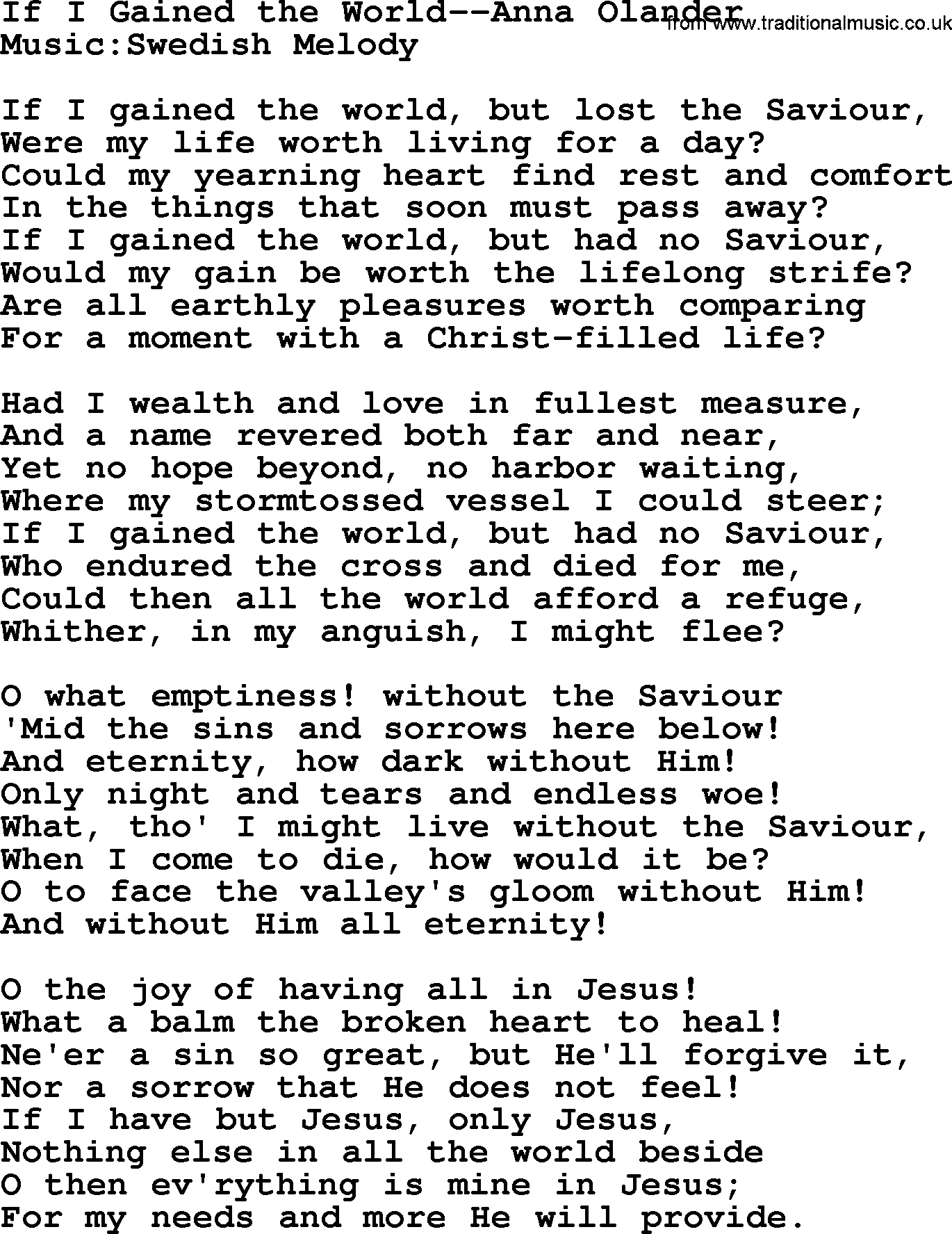 Forgiveness hymns, Hymn: If I Gained The World-Anna Olander, lyrics with PDF