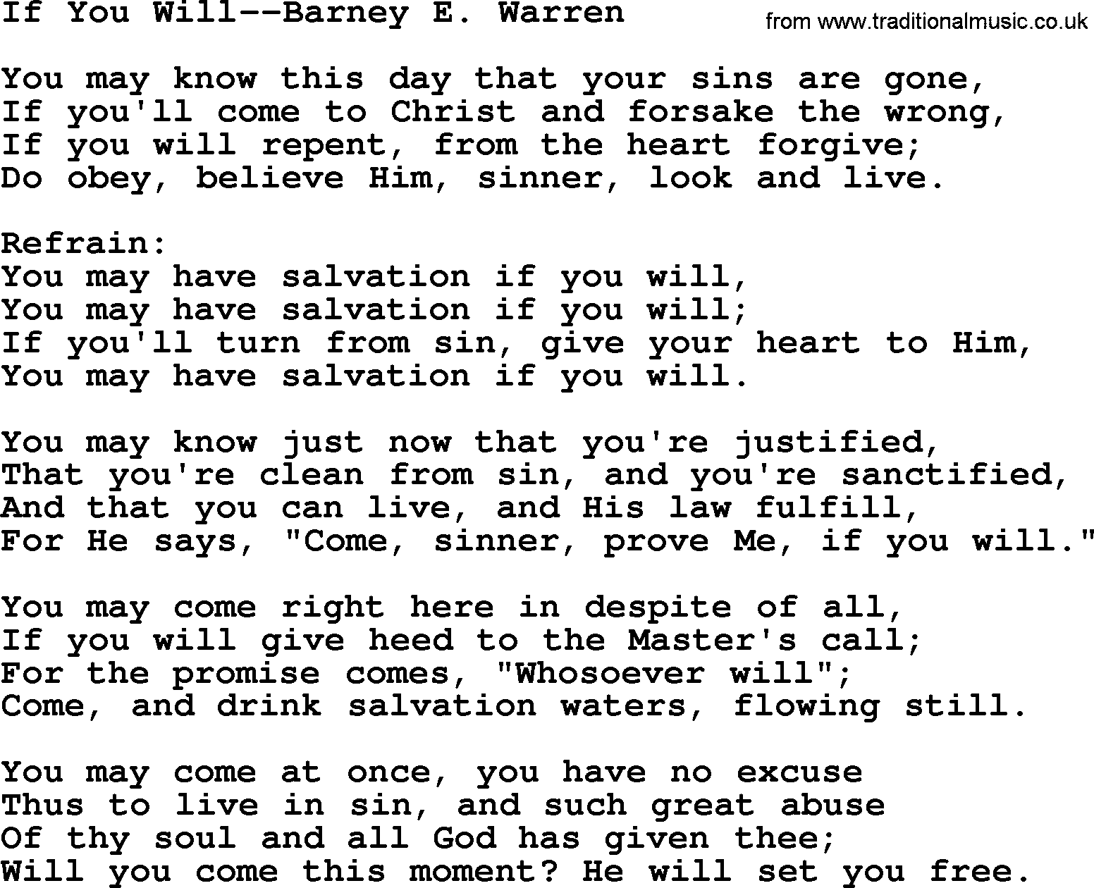 Forgiveness hymns, Hymn: If You Will-Barney E. Warren, lyrics with PDF