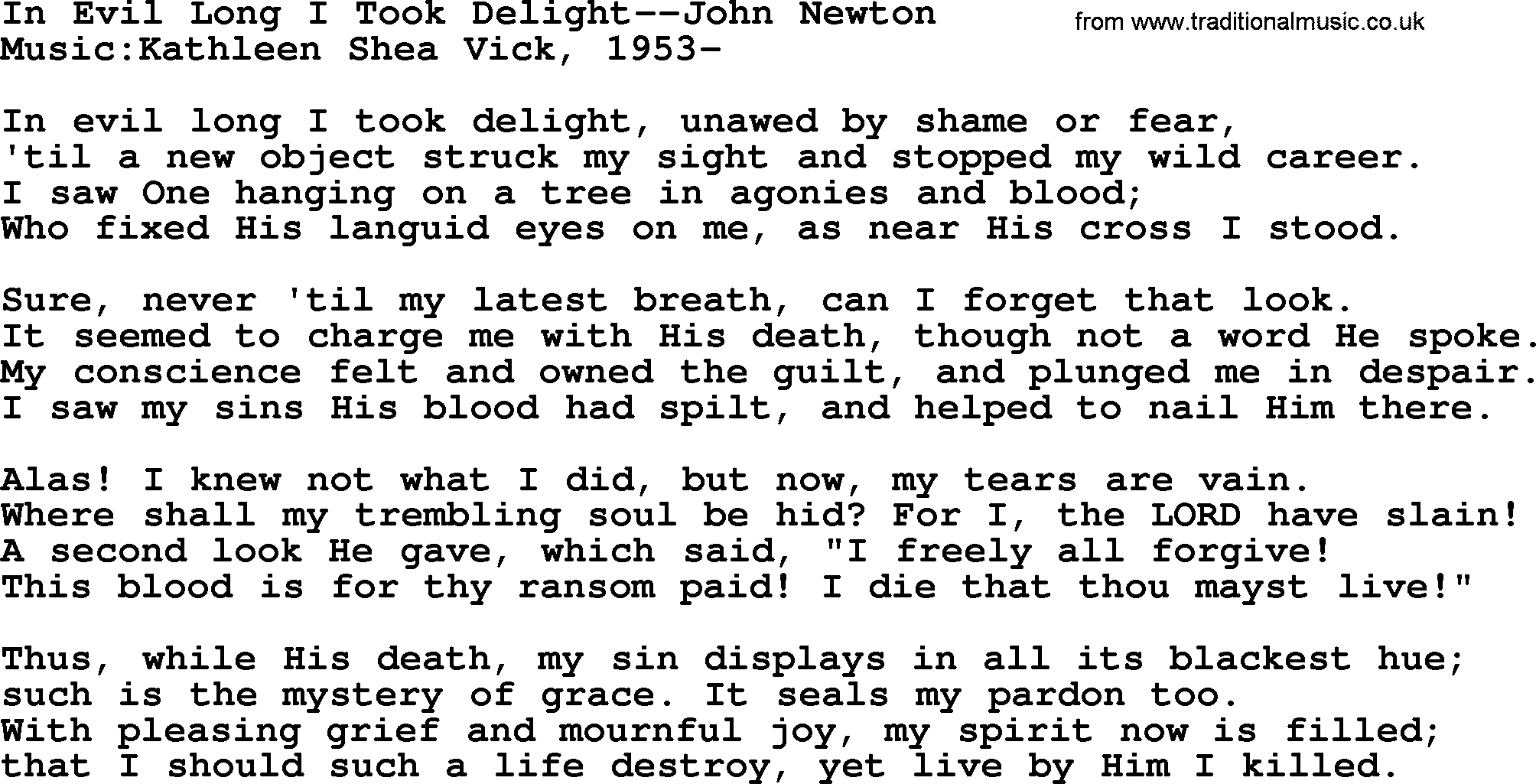 Forgiveness hymns, Hymn: In Evil Long I Took Delight-John Newton, lyrics with PDF