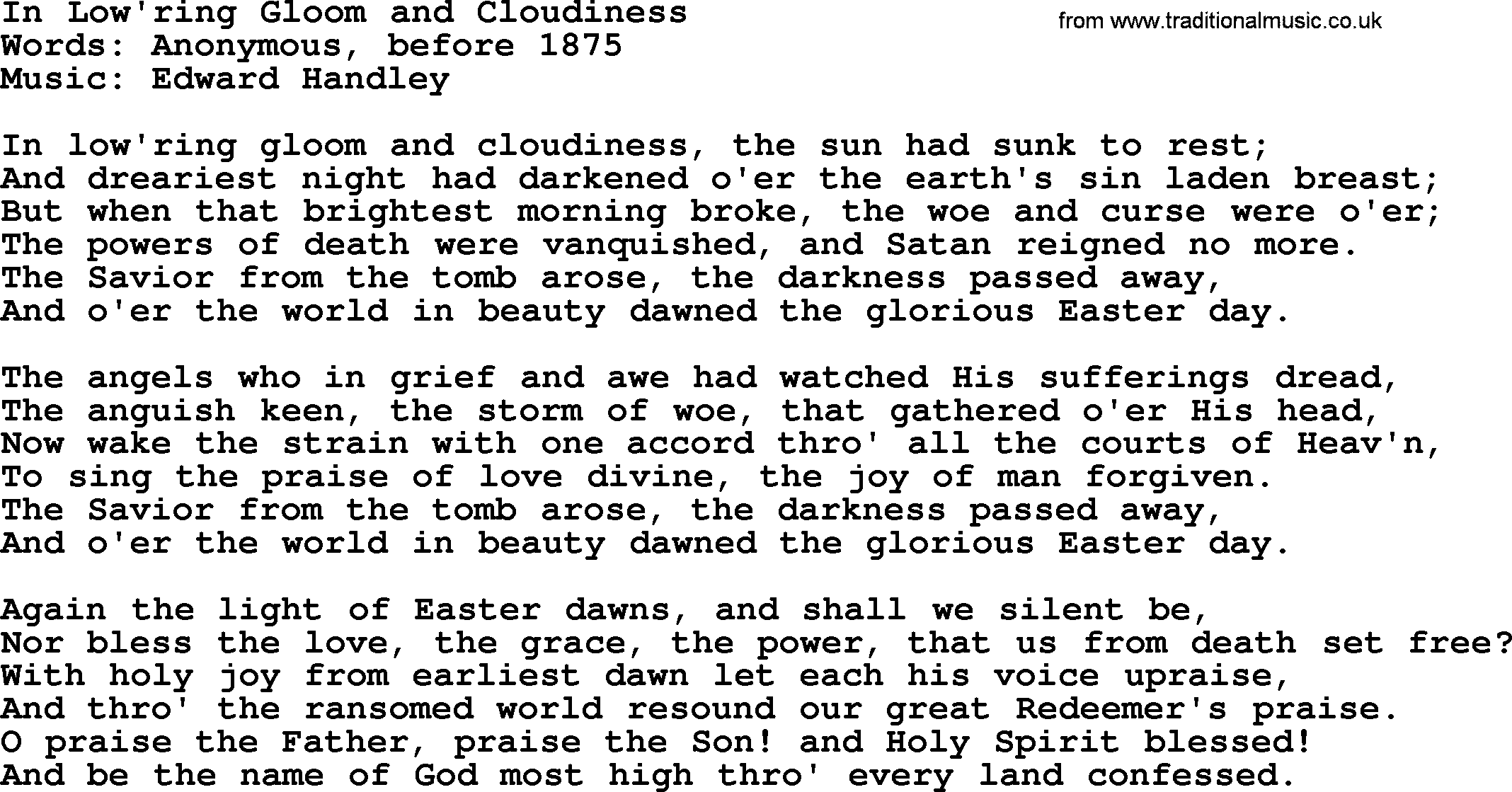 Forgiveness hymns, Hymn: In Low'ring Gloom And Cloudiness, lyrics with PDF