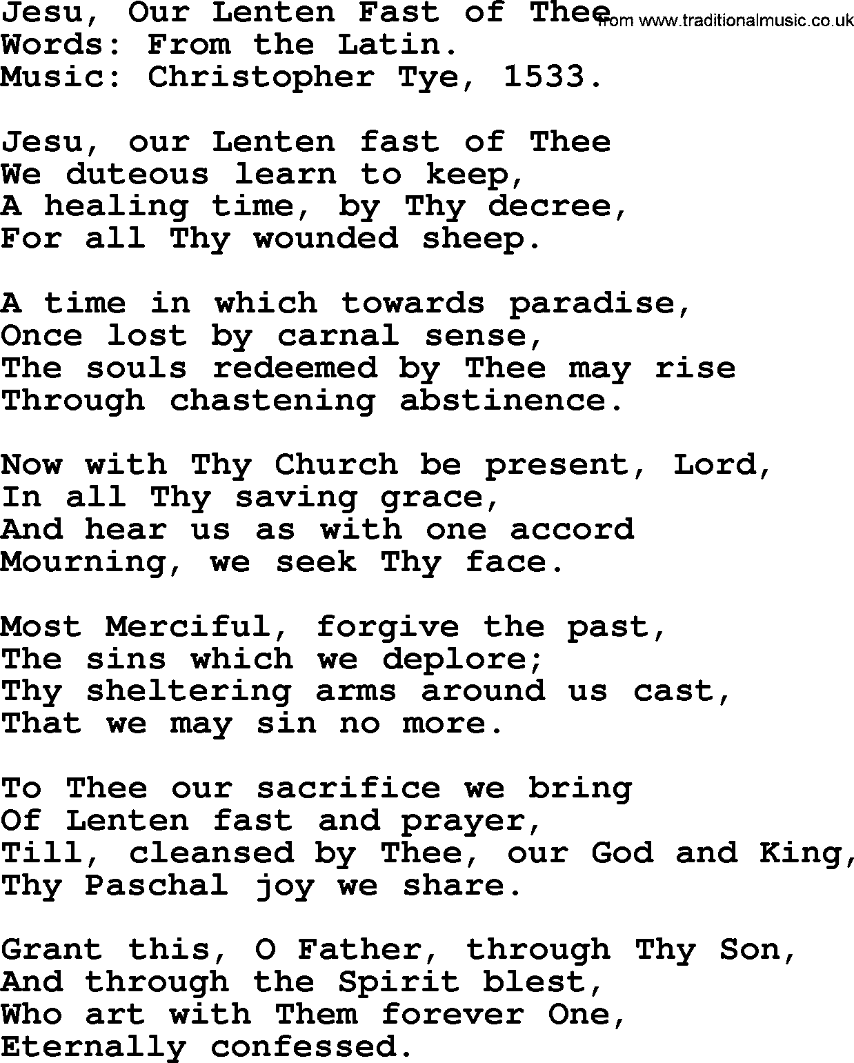 Forgiveness hymns, Hymn: Jesu, Our Lenten Fast Of Thee, lyrics with PDF