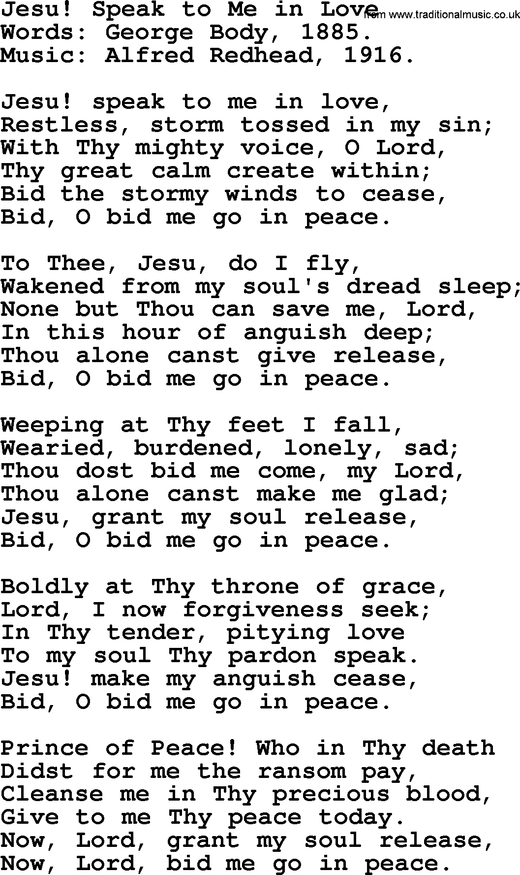 Forgiveness hymns, Hymn: Jesu! Speak To Me In Love, lyrics with PDF