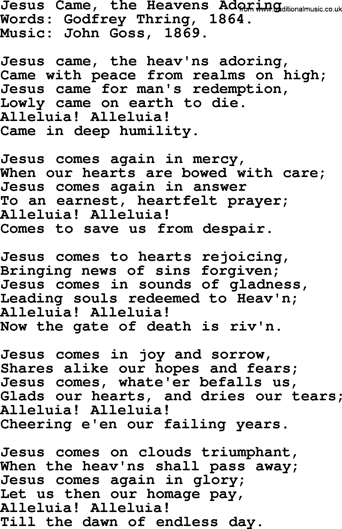 Forgiveness hymns, Hymn: Jesus Came, The Heavens Adoring, lyrics with PDF