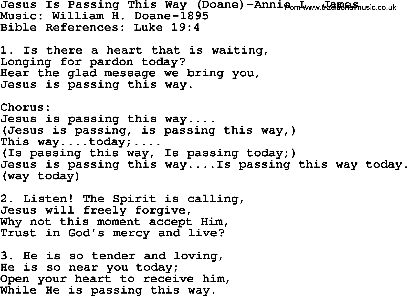 Forgiveness hymns, Hymn: Jesus Is Passing This Way (Doane)-Annie L. James, lyrics with PDF