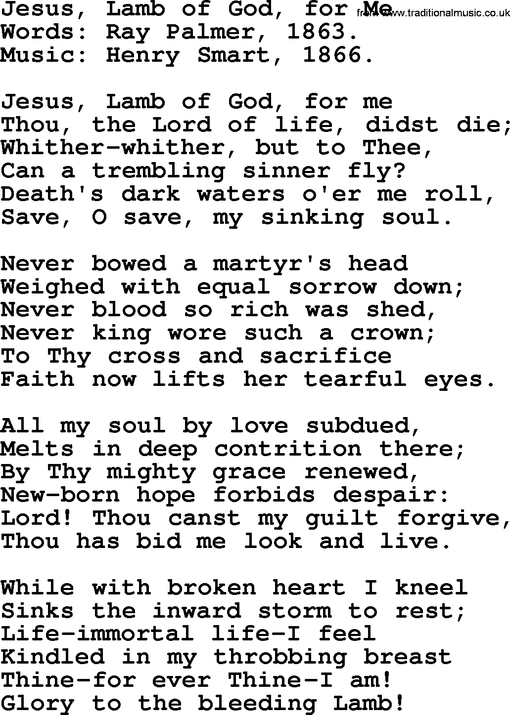 Forgiveness hymns, Hymn: Jesus, Lamb Of God, For Me, lyrics with PDF