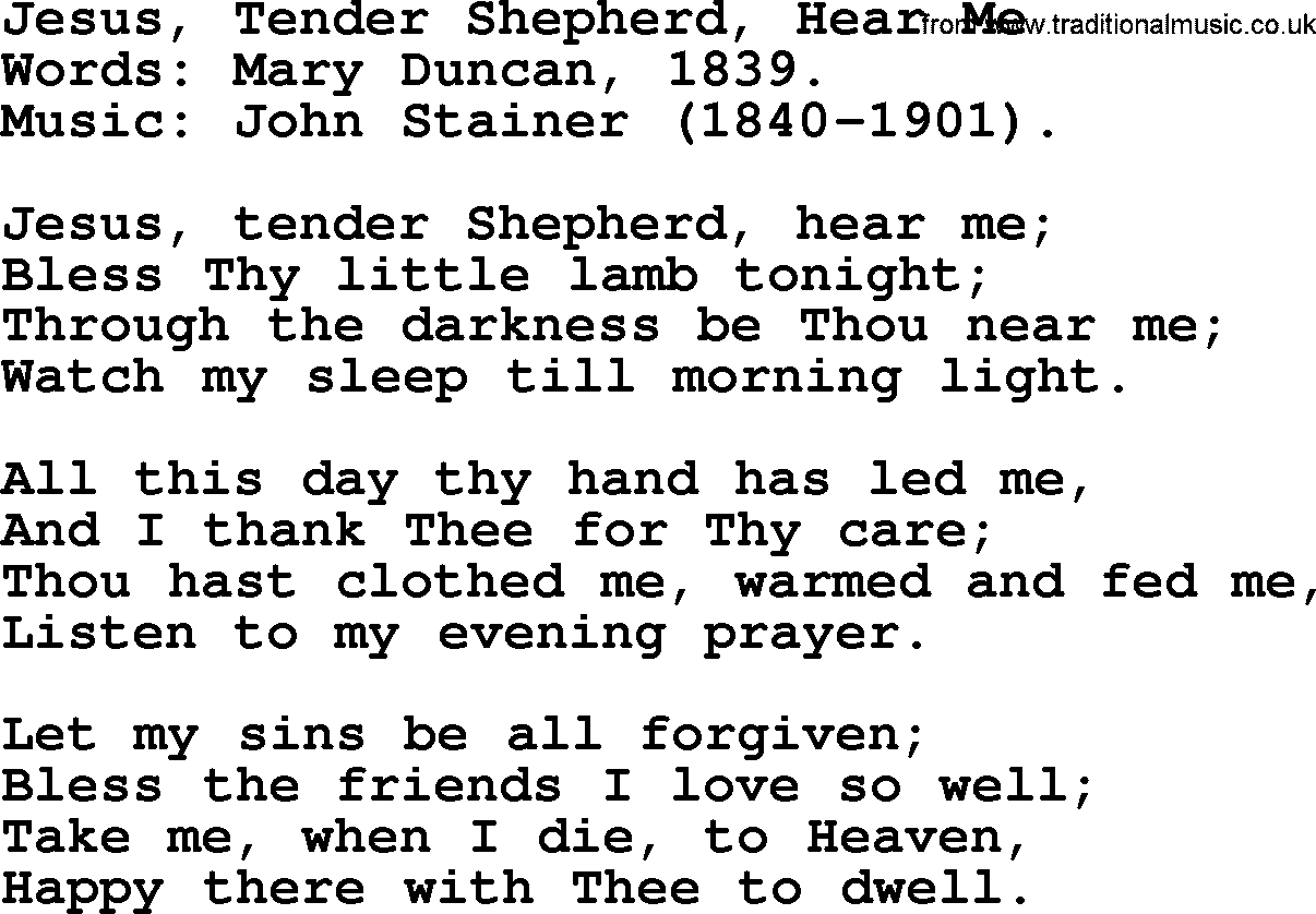 Forgiveness hymns, Hymn: Jesus, Tender Shepherd, Hear Me, lyrics with PDF