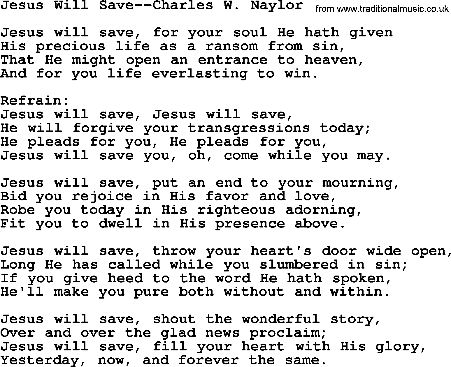Forgiveness hymns, Hymn: Jesus Will Save-Charles W. Naylor, lyrics with PDF