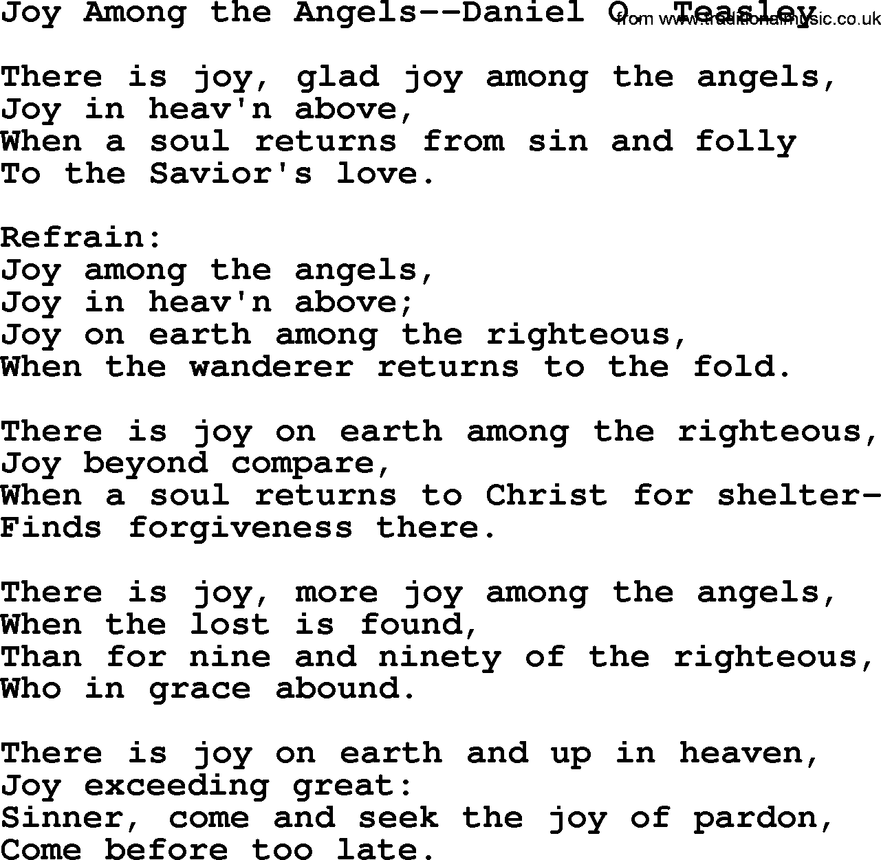 Forgiveness hymns, Hymn: Joy Among The Angels-Daniel O. Teasley, lyrics with PDF