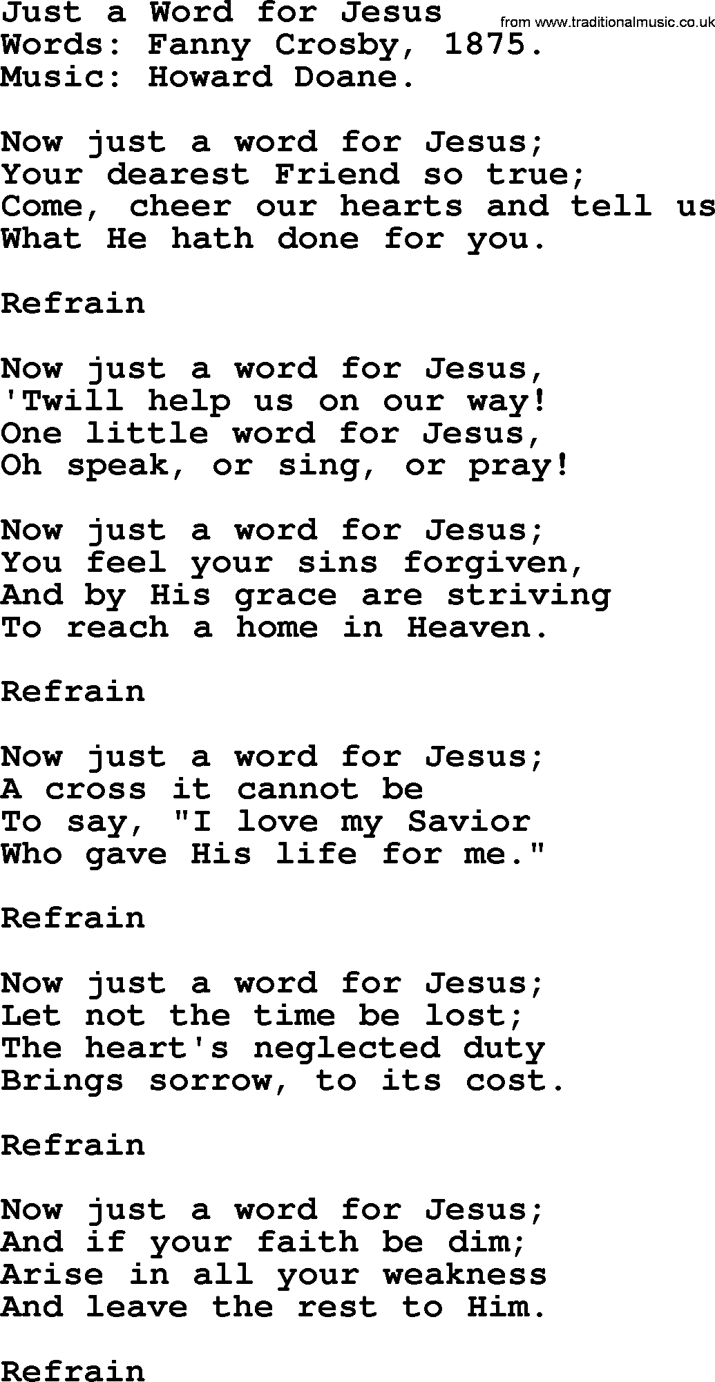Forgiveness hymns, Hymn: Just A Word For Jesus, lyrics with PDF