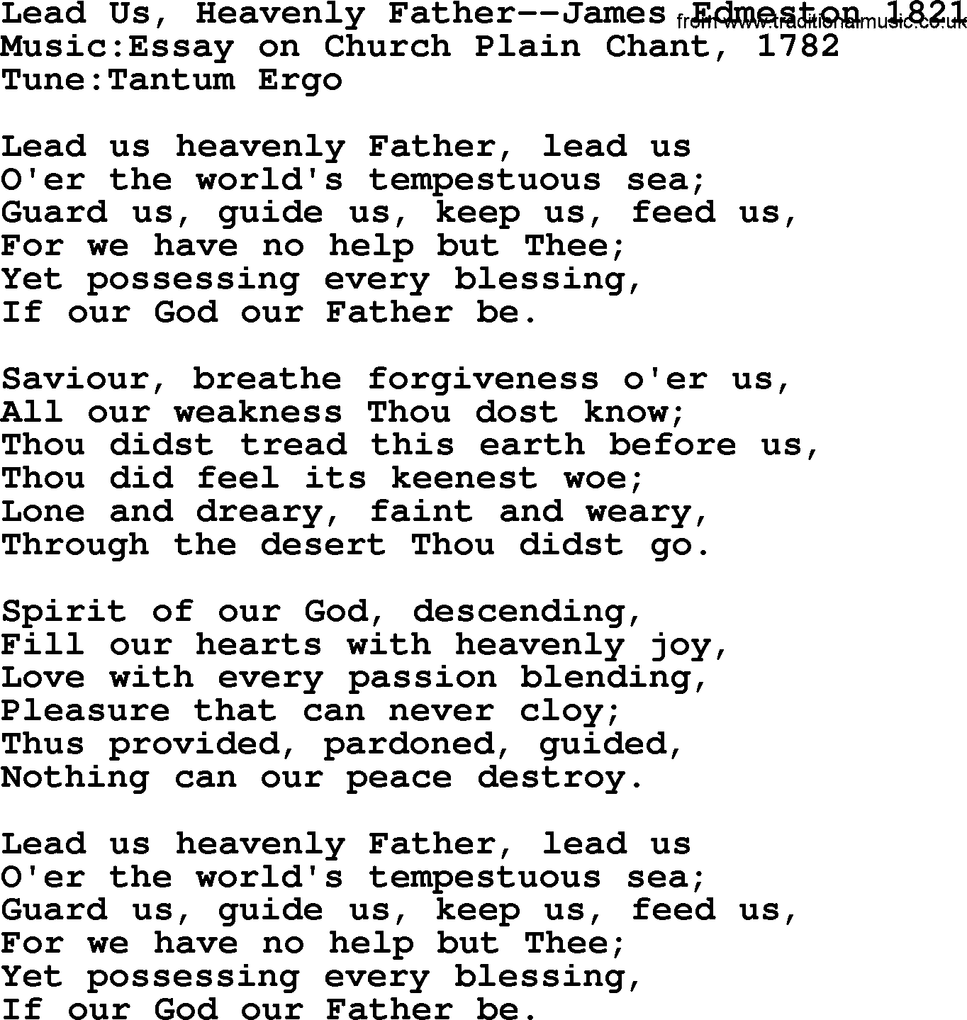 Forgiveness hymns, Hymn: Lead Us, Heavenly Father-James Edmeston 1821, lyrics with PDF
