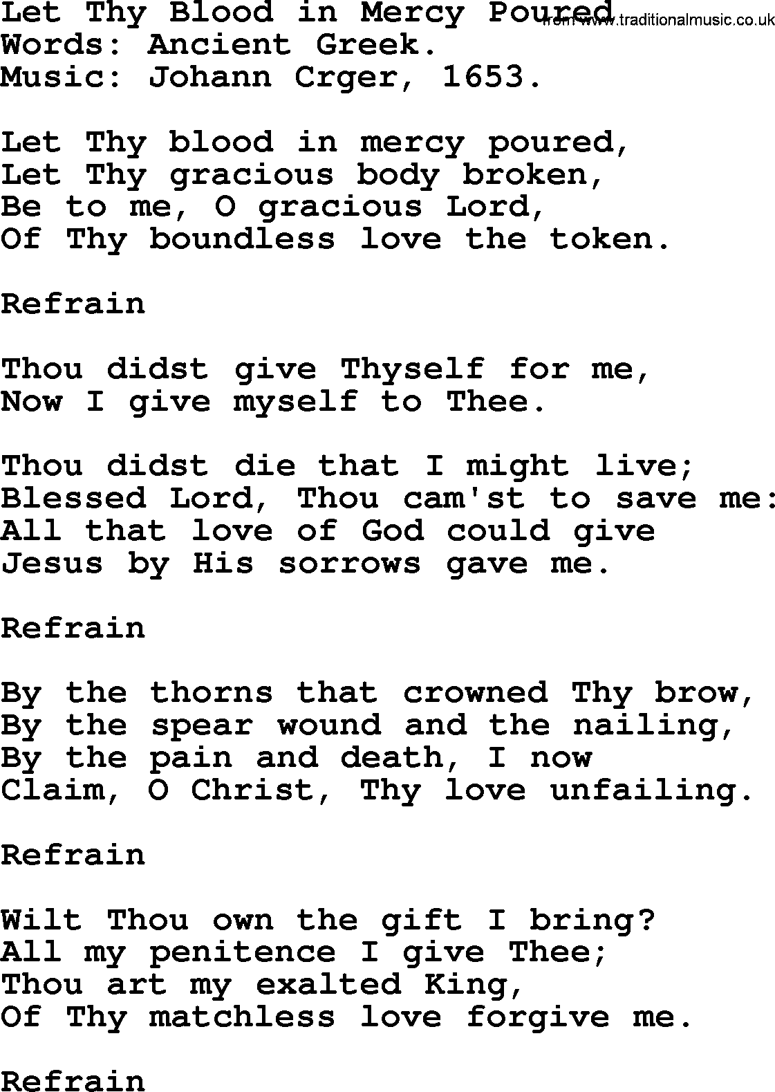 Forgiveness hymns, Hymn: Let Thy Blood In Mercy Poured, lyrics with PDF