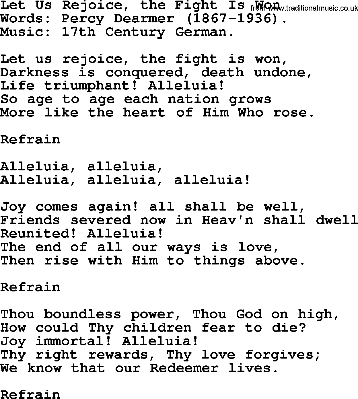Forgiveness hymns, Hymn: Let Us Rejoice, The Fight Is Won, lyrics with PDF