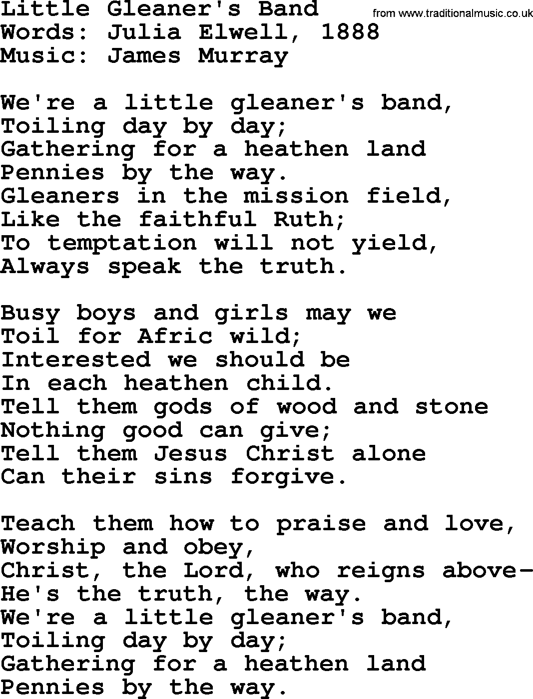 Forgiveness hymns, Hymn: Little Gleaner's Band, lyrics with PDF