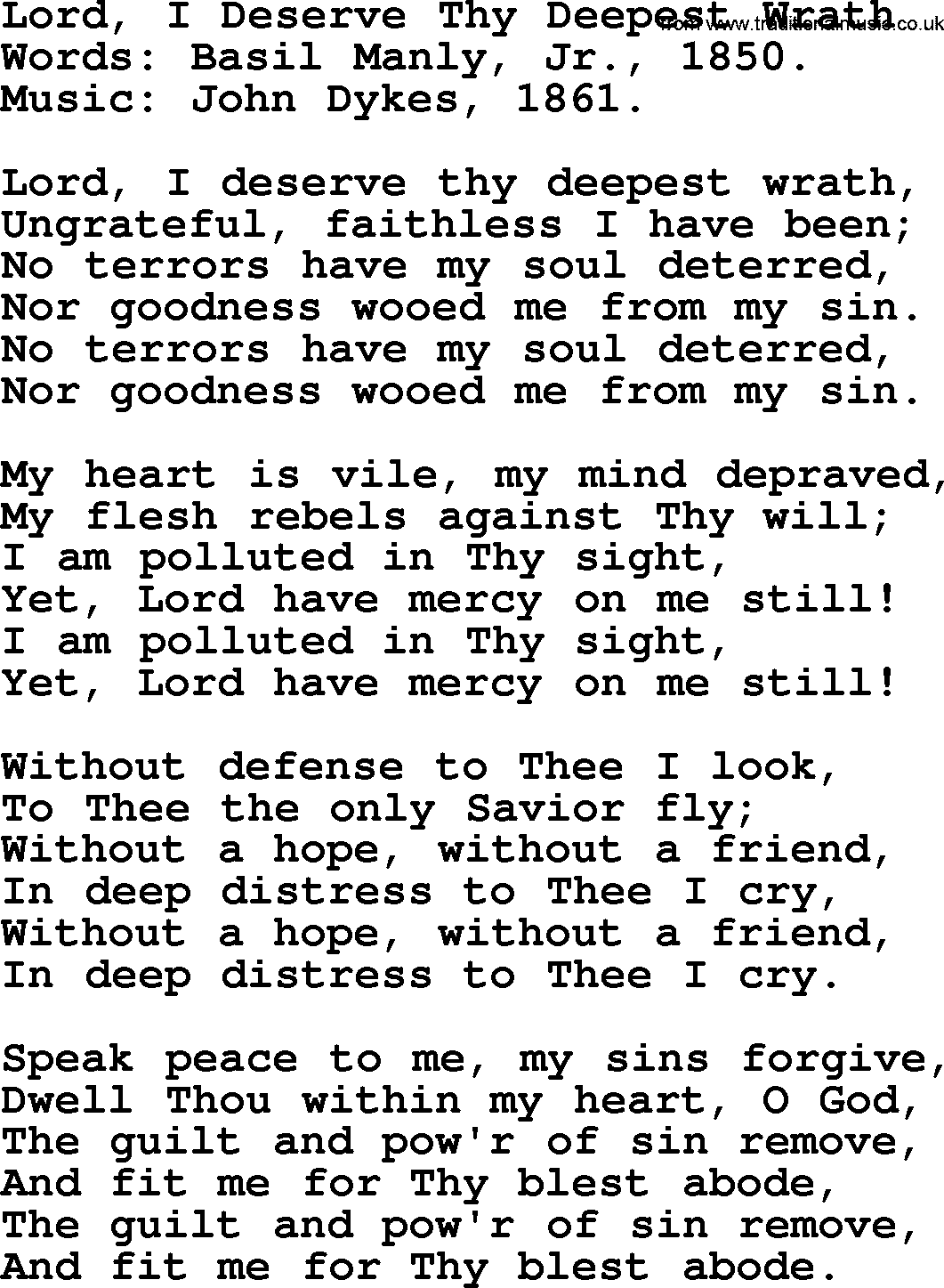 Forgiveness hymns, Hymn: Lord, I Deserve Thy Deepest Wrath, lyrics with PDF