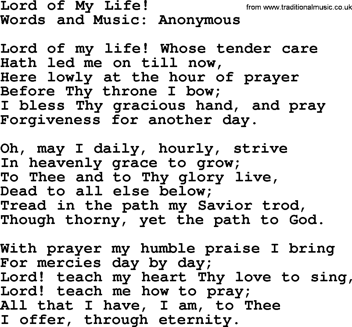 Forgiveness hymns, Hymn: Lord Of My Life!, lyrics with PDF