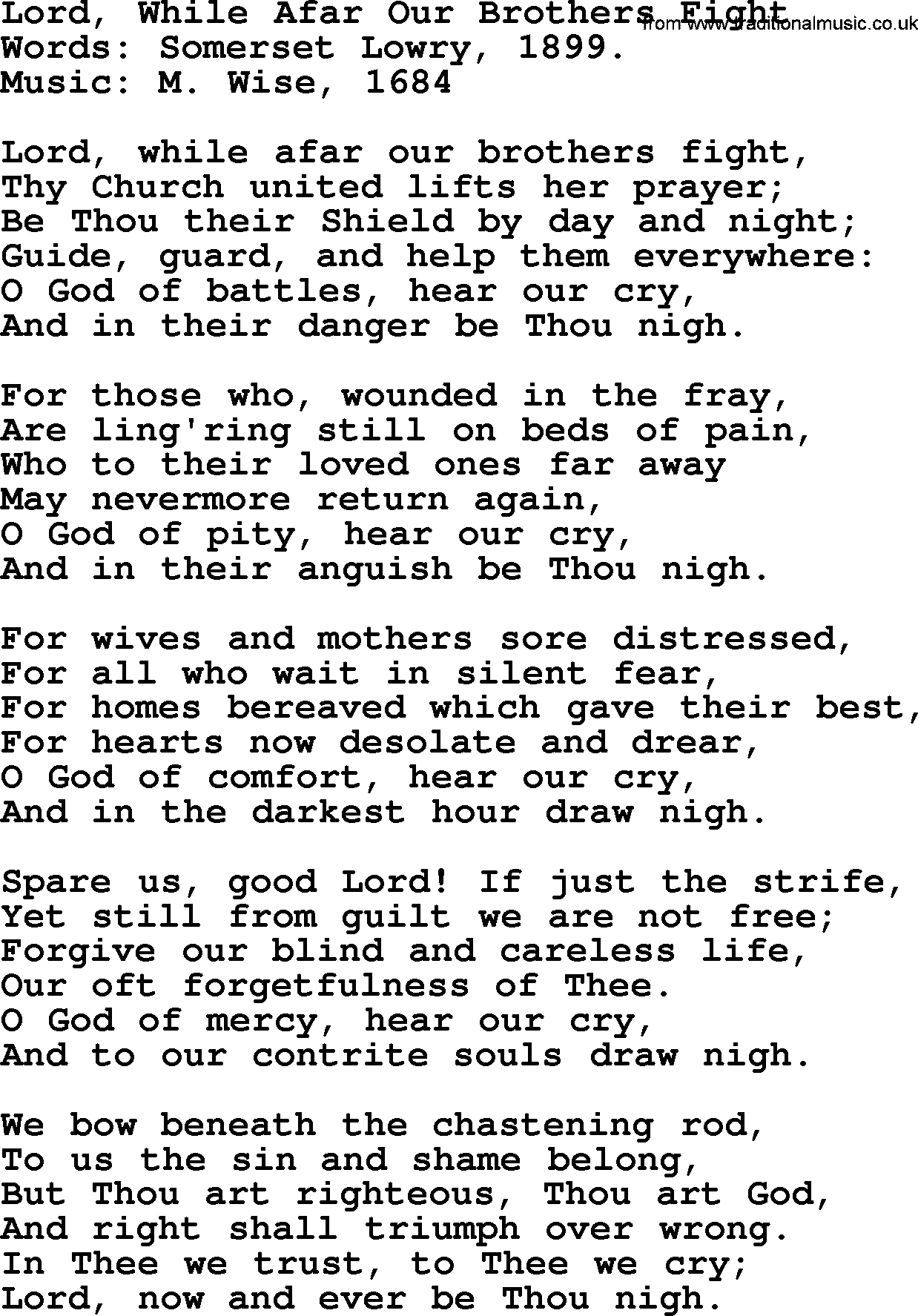 Forgiveness hymns, Hymn: Lord, While Afar Our Brothers Fight, lyrics with PDF