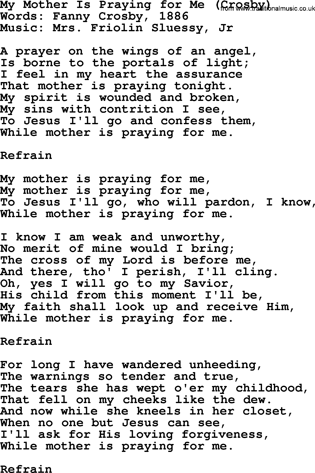 Forgiveness hymns, Hymn: My Mother Is Praying For Me (Crosby), lyrics with PDF