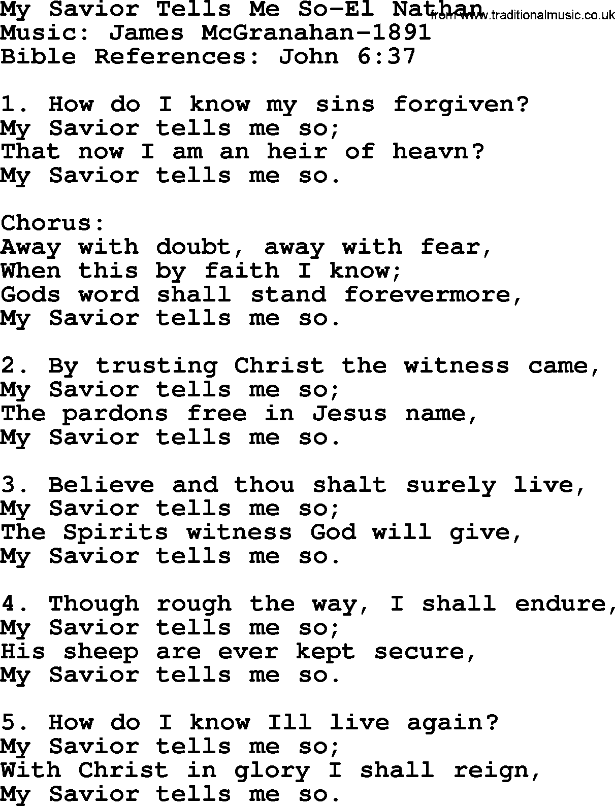 Forgiveness hymns, Hymn: My Savior Tells Me So-El Nathan, lyrics with PDF