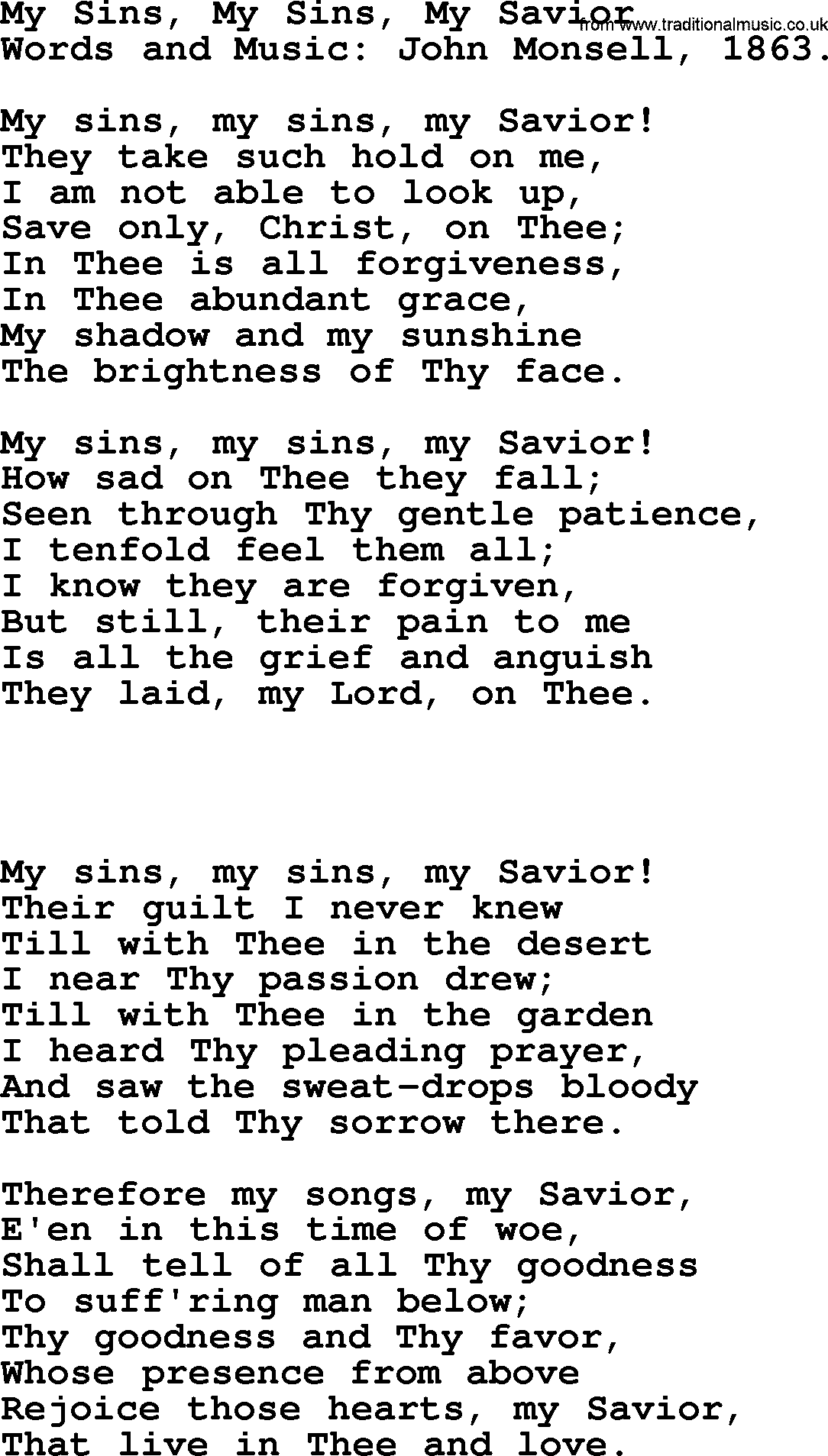 Forgiveness hymns, Hymn: My Sins, My Sins, My Savior, lyrics with PDF