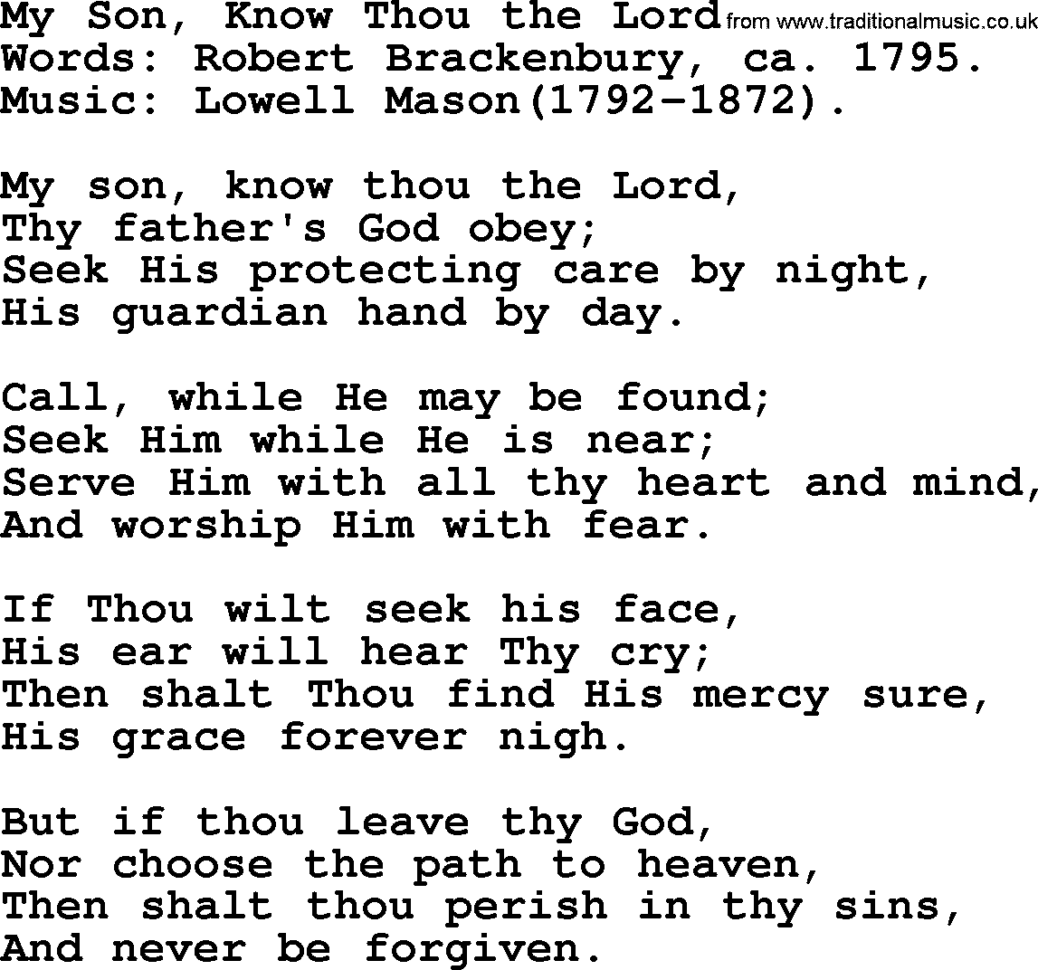 Forgiveness hymns, Hymn: My Son, Know Thou The Lord, lyrics with PDF