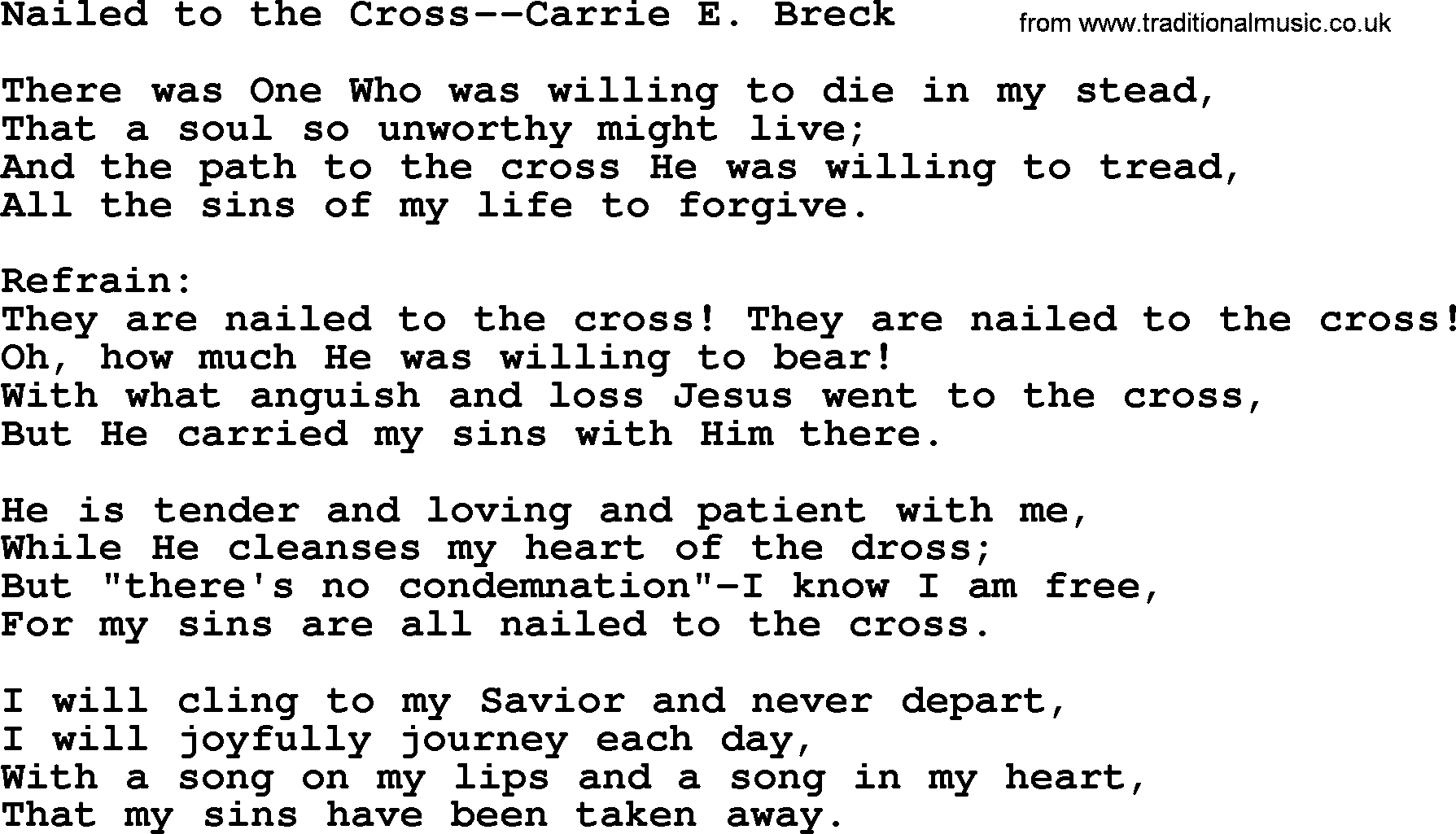 Forgiveness hymns, Hymn: Nailed To The Cross-Carrie E. Breck, lyrics with PDF
