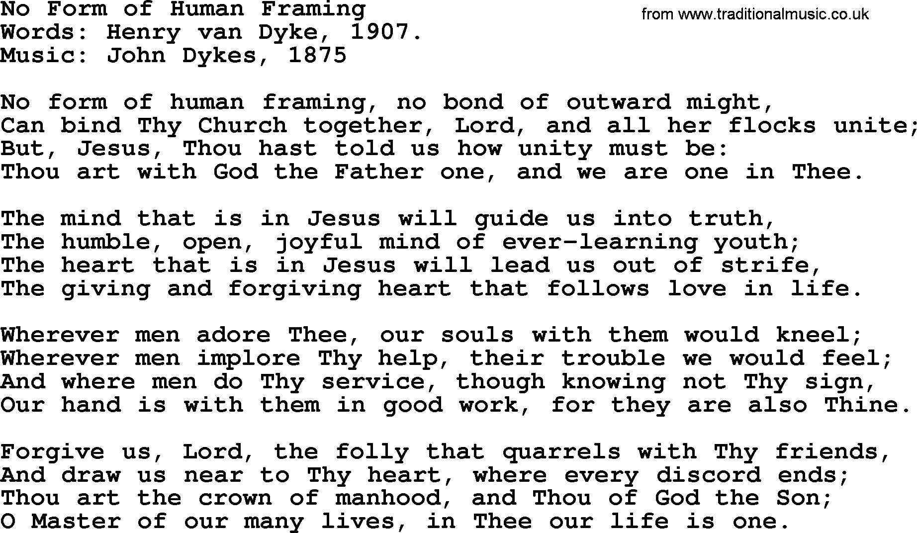 Forgiveness hymns, Hymn: No Form Of Human Framing, lyrics with PDF