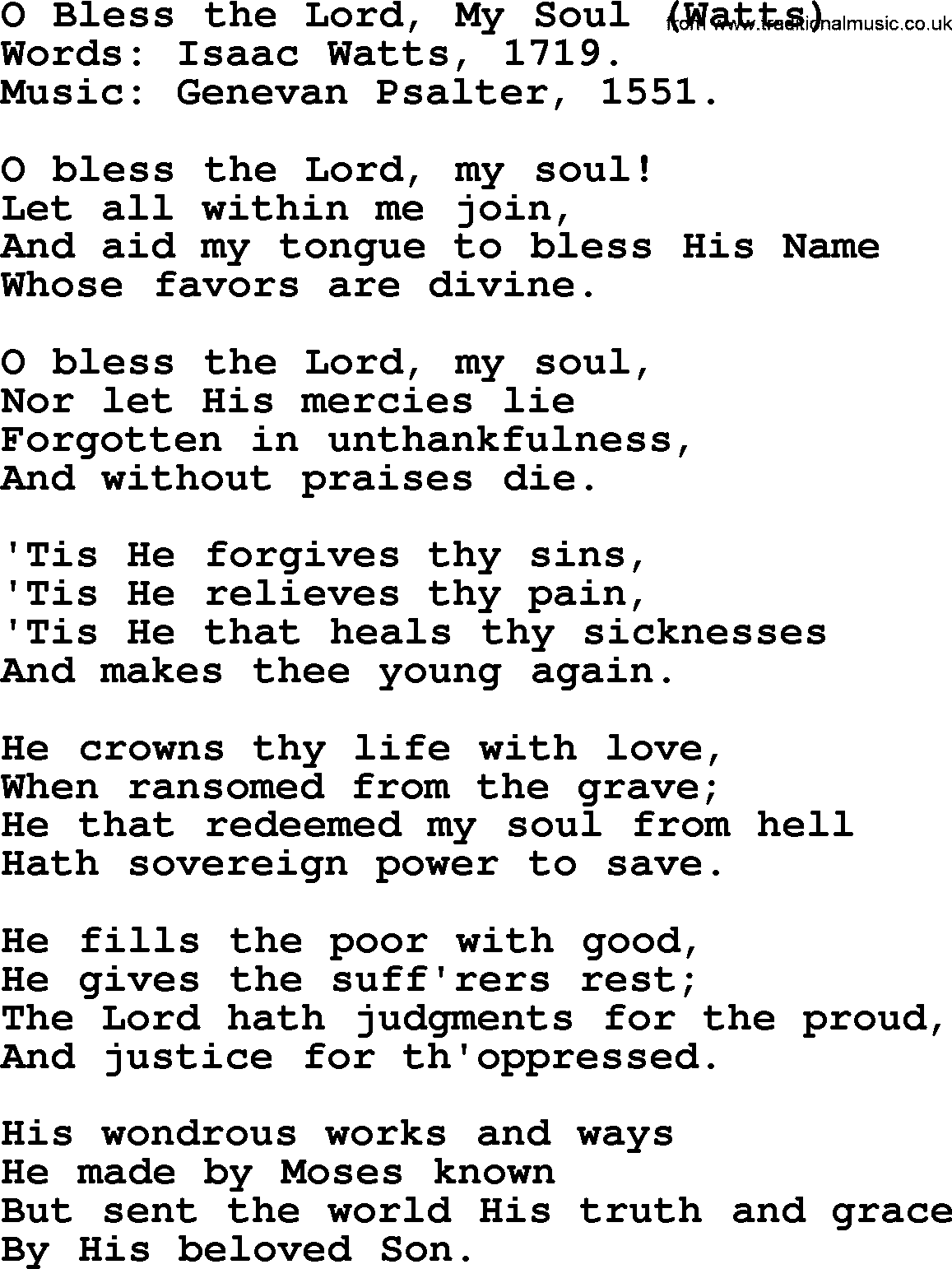 Forgiveness hymns, Hymn: O Bless The Lord, My Soul (Watts), lyrics with PDF