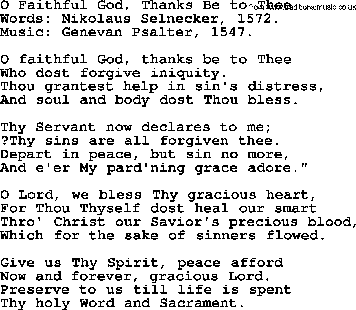 Forgiveness hymns, Hymn: O Faithful God, Thanks Be To Thee, lyrics with PDF