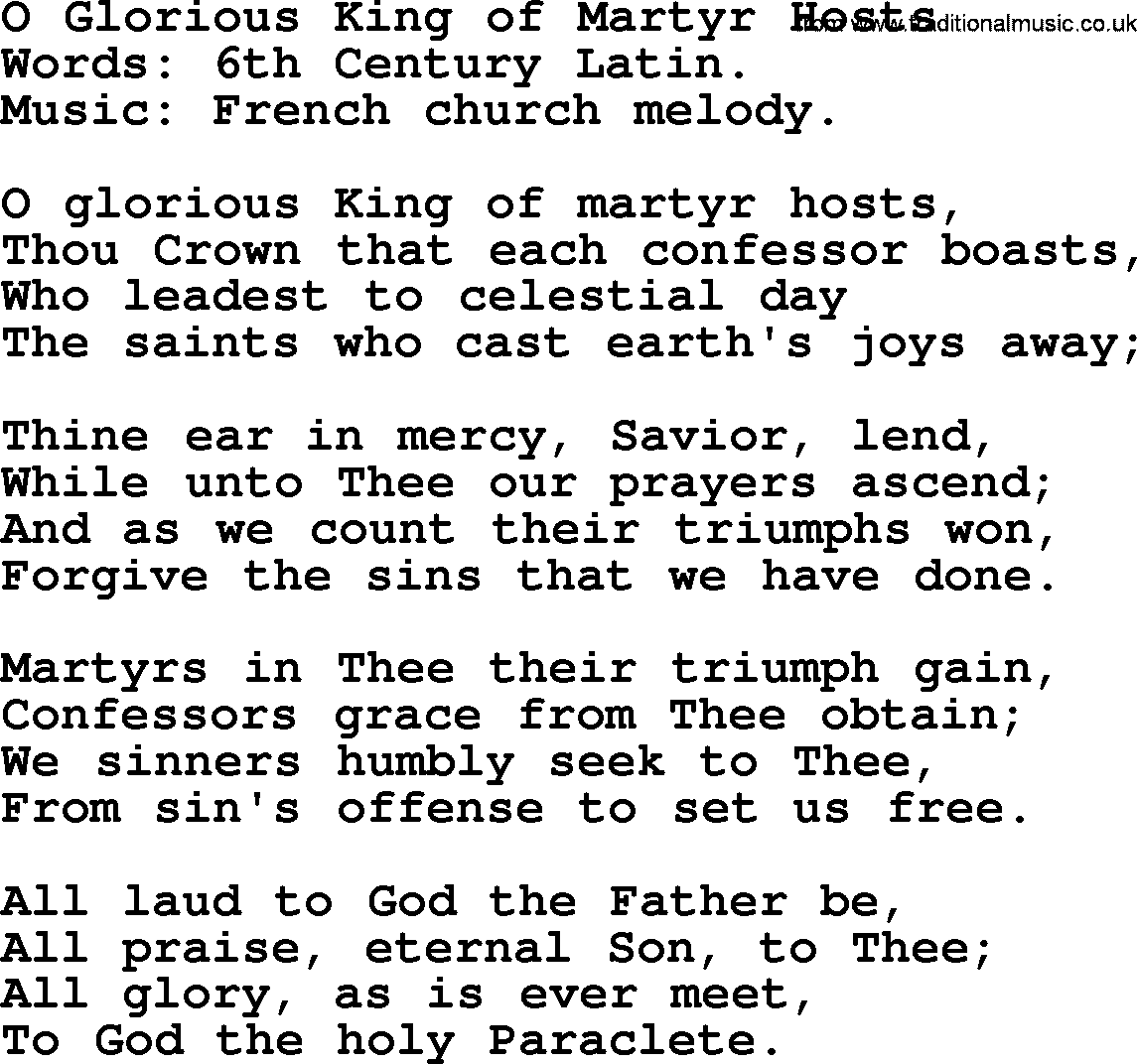 Forgiveness hymns, Hymn: O Glorious King Of Martyr Hosts, lyrics with PDF