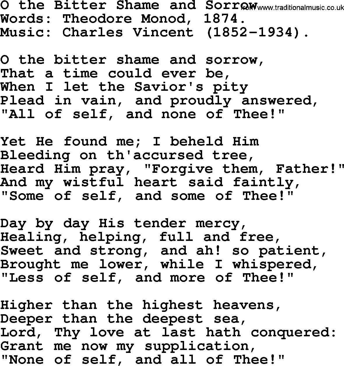 Forgiveness hymns, Hymn: O The Bitter Shame And Sorrow, lyrics with PDF