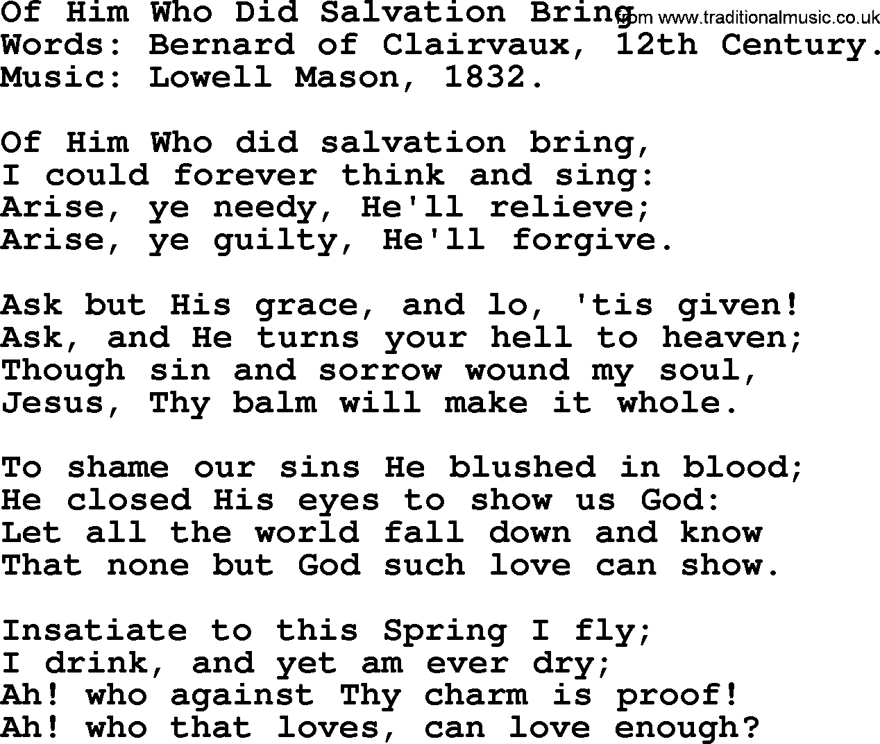 Forgiveness hymns, Hymn: Of Him Who Did Salvation Bring, lyrics with PDF