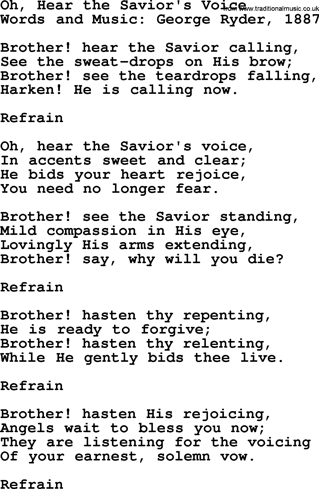 Forgiveness hymns, Hymn: Oh, Hear The Savior's Voice, lyrics with PDF