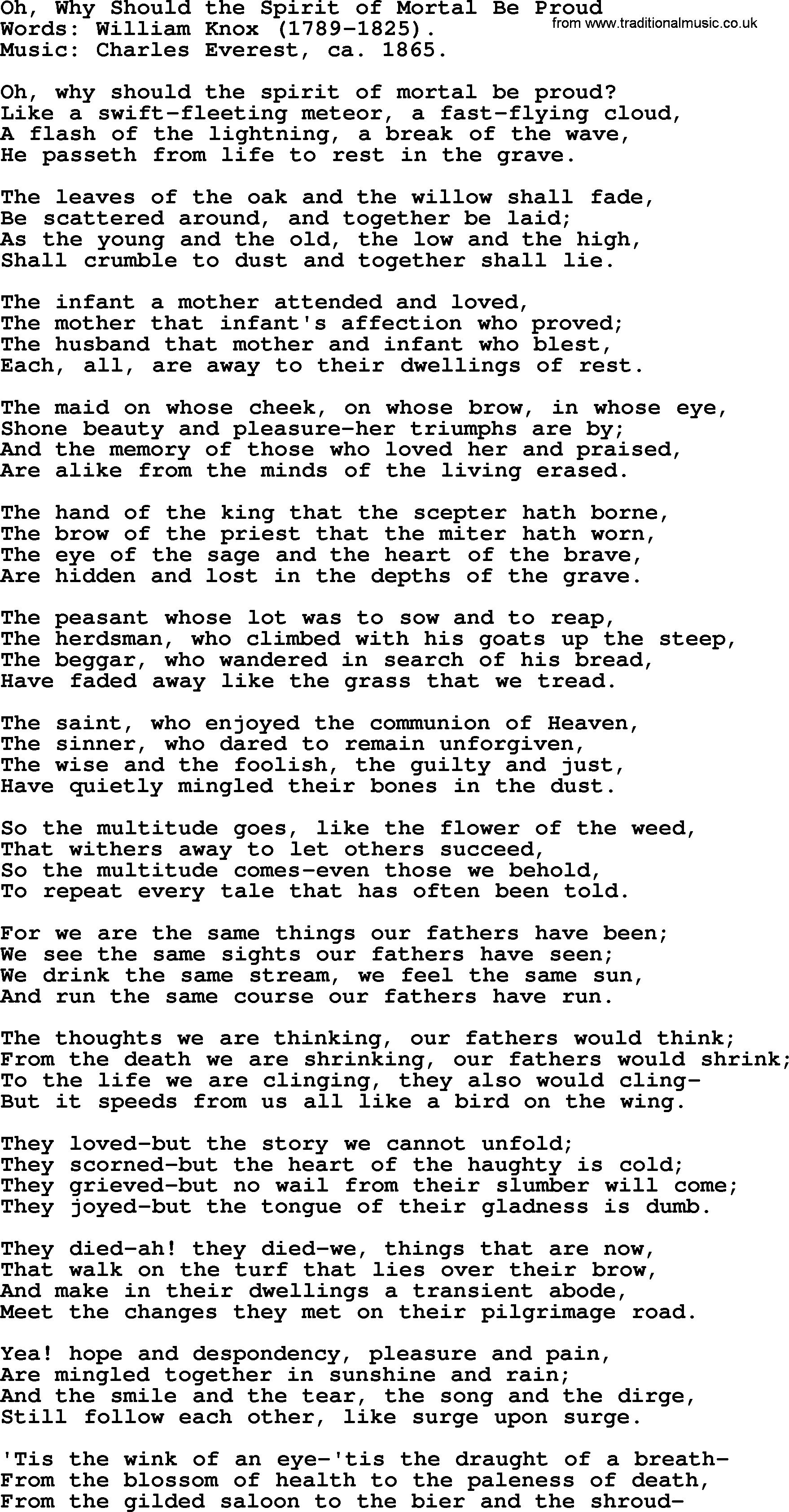 Forgiveness hymns, Hymn: Oh, Why Should The Spirit Of Mortal Be Proud, lyrics with PDF