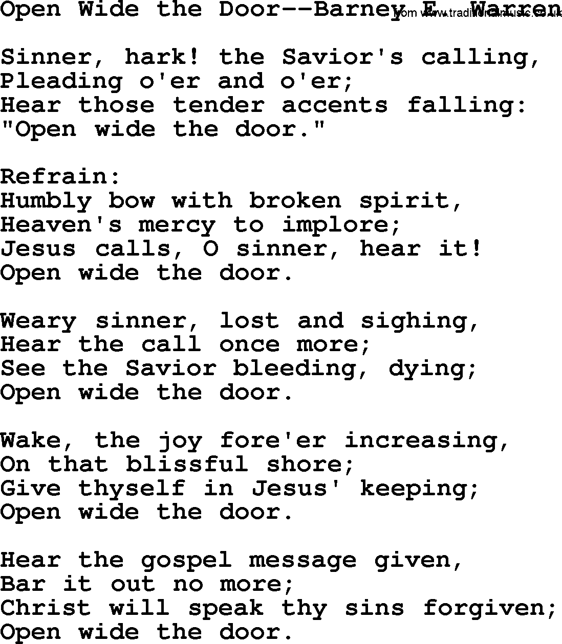 Forgiveness hymns, Hymn: Open Wide The Door-Barney E. Warren, lyrics with PDF
