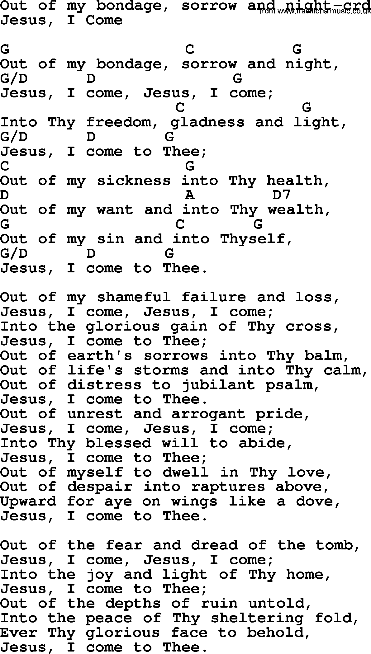 Forgiveness hymns, Hymn: Out Of My Bondage, Sorrow And Night, lyrics chords and PDF
