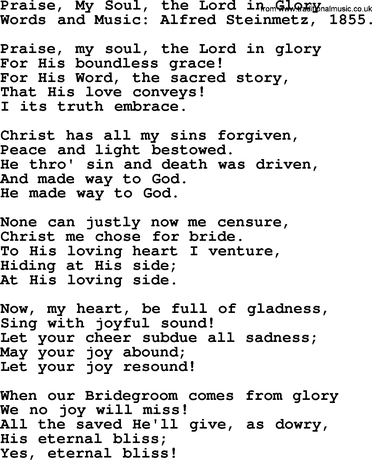 Forgiveness hymns, Hymn: Praise, My Soul, The Lord In Glory, lyrics with PDF