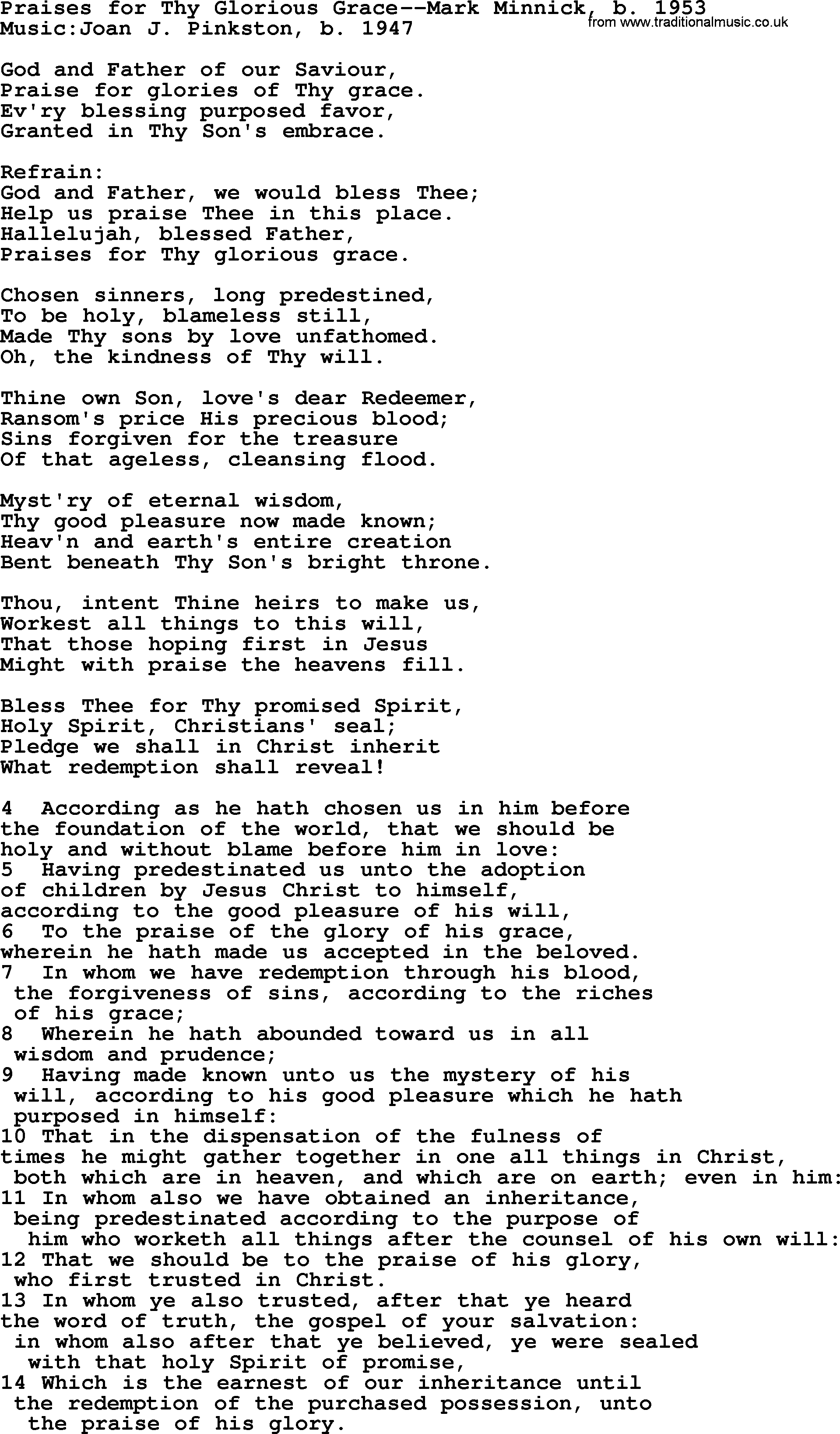 Forgiveness hymns, Hymn: Praises For Thy Glorious Grace-Mark Minnic, lyrics with PDF